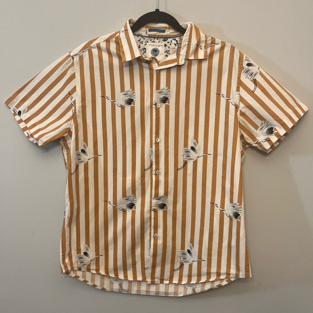 Denim & Flower Ricky Singh Men's Bird Shirt with Orange and White Stripes Sz L